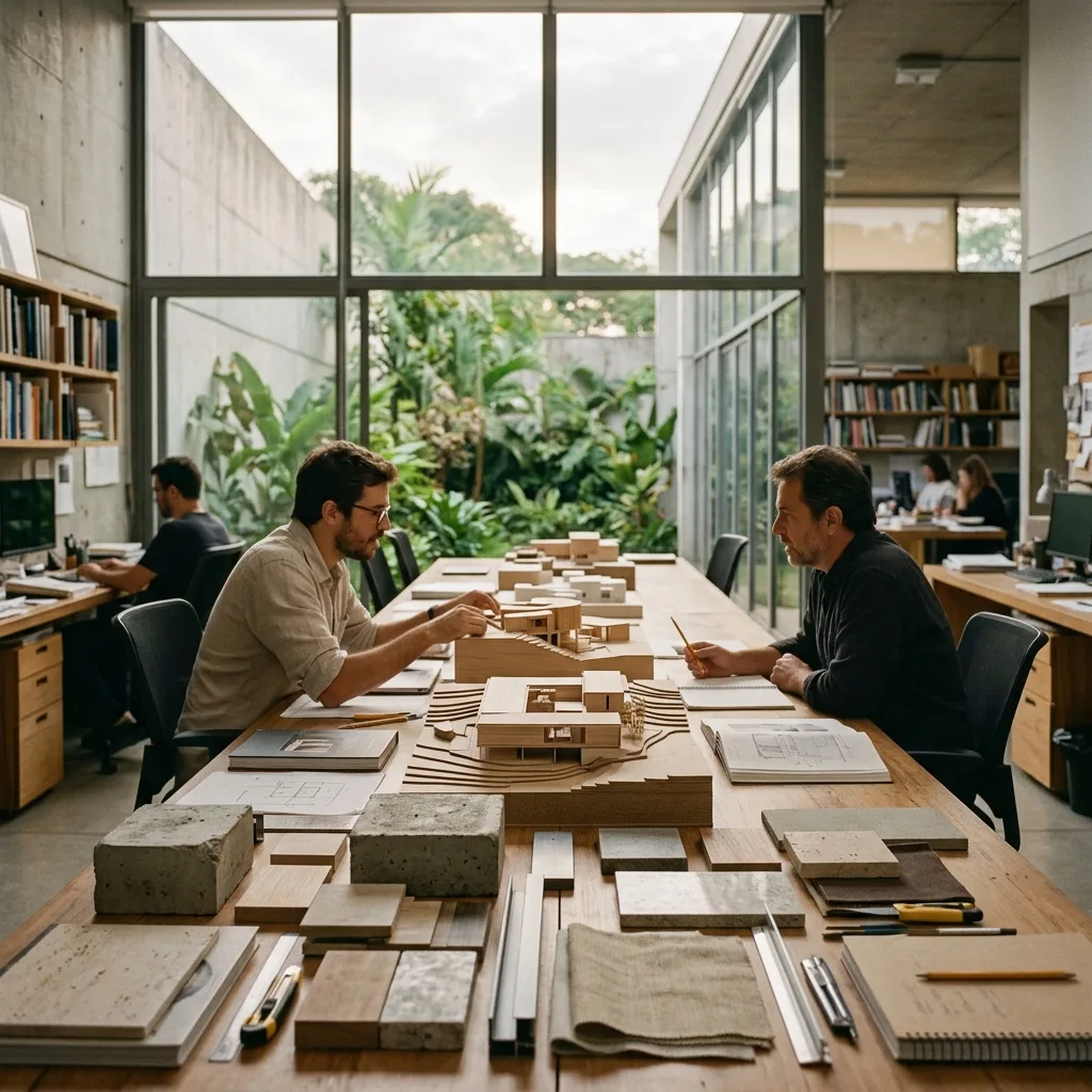 Mesa de reuniões do estúdio com maquetes e materiais