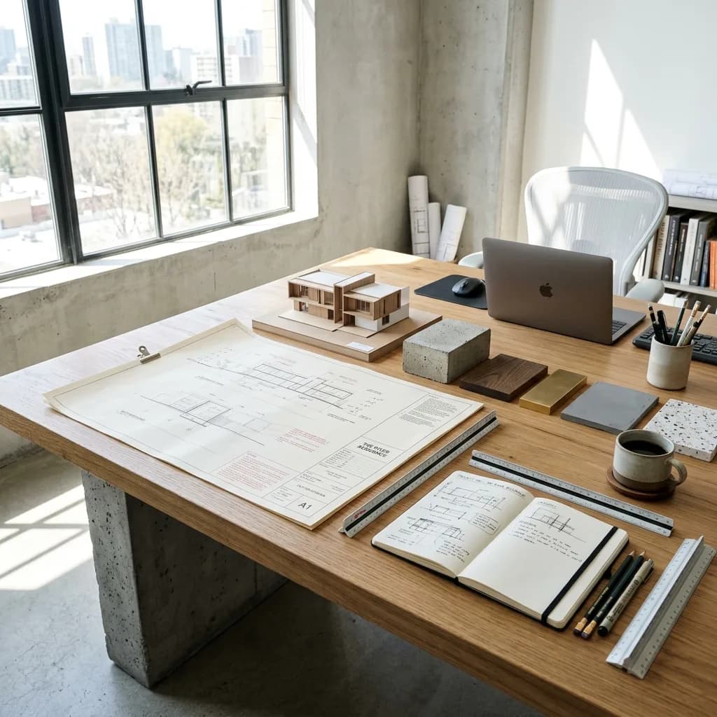 Detalhe de prancheta de arquitetura com croquis e maquetes